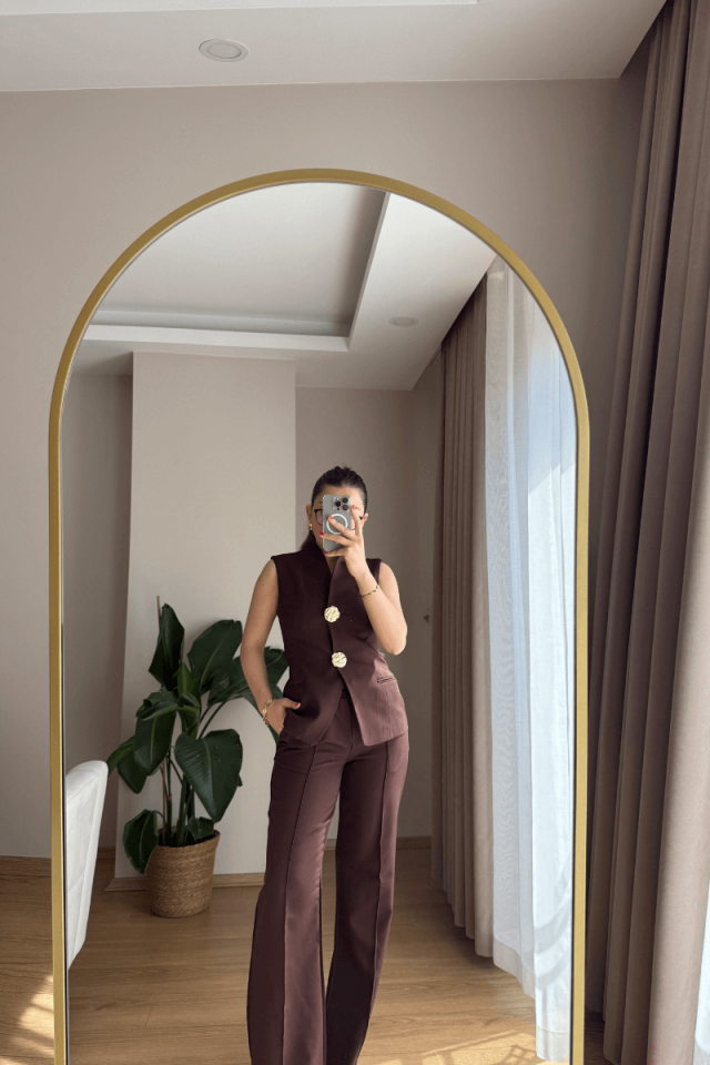 Acı Kahve Gold Düğmeli Yelek Pantolon Takım