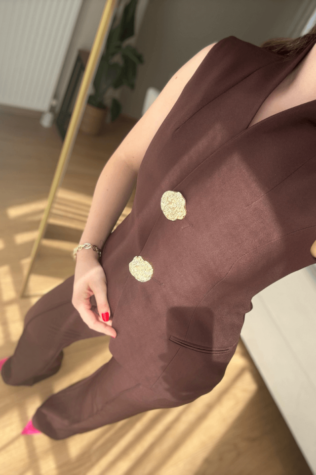 Acı Kahve Gold Düğmeli Yelek Pantolon Takım