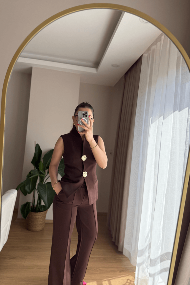 Acı Kahve Gold Düğmeli Yelek Pantolon Takım