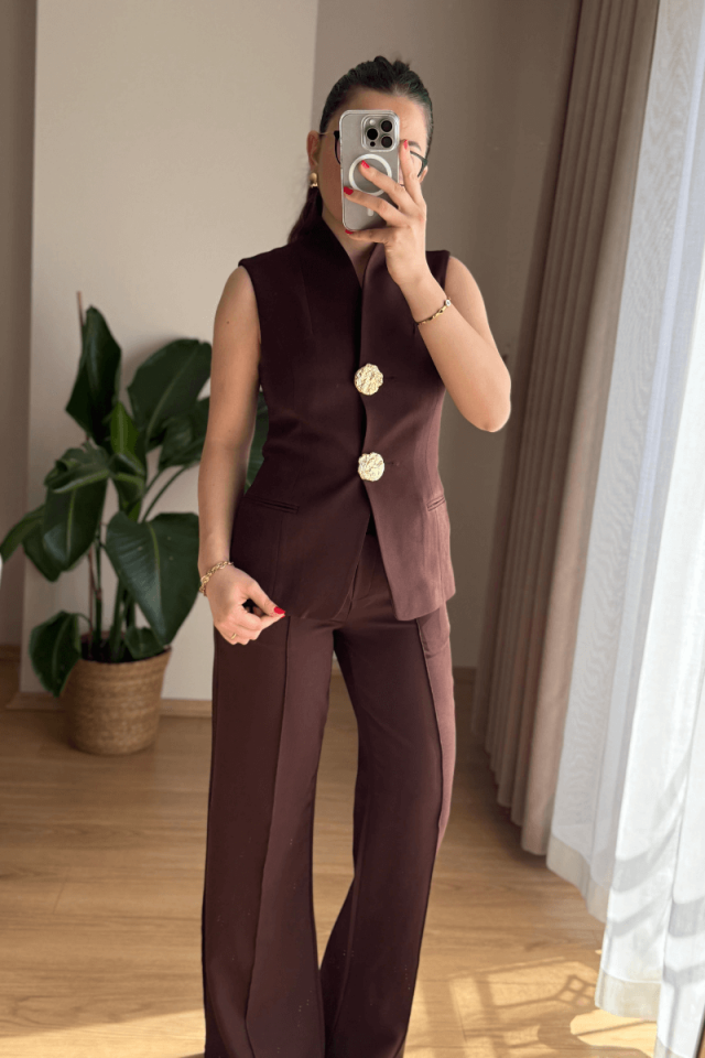 Acı Kahve Gold Düğmeli Yelek Pantolon Takım