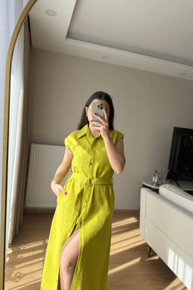 Yeşil Pamuklu Keten Elbise