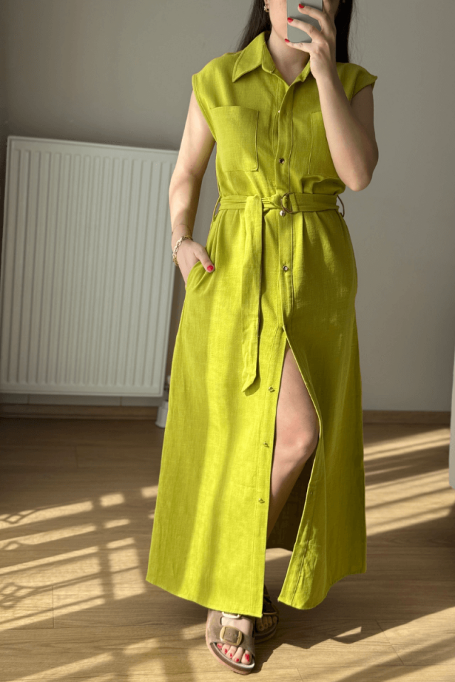 Yeşil Pamuklu Keten Elbise