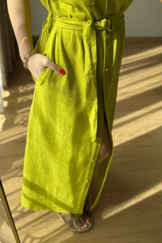 Yeşil Pamuklu Keten Elbise