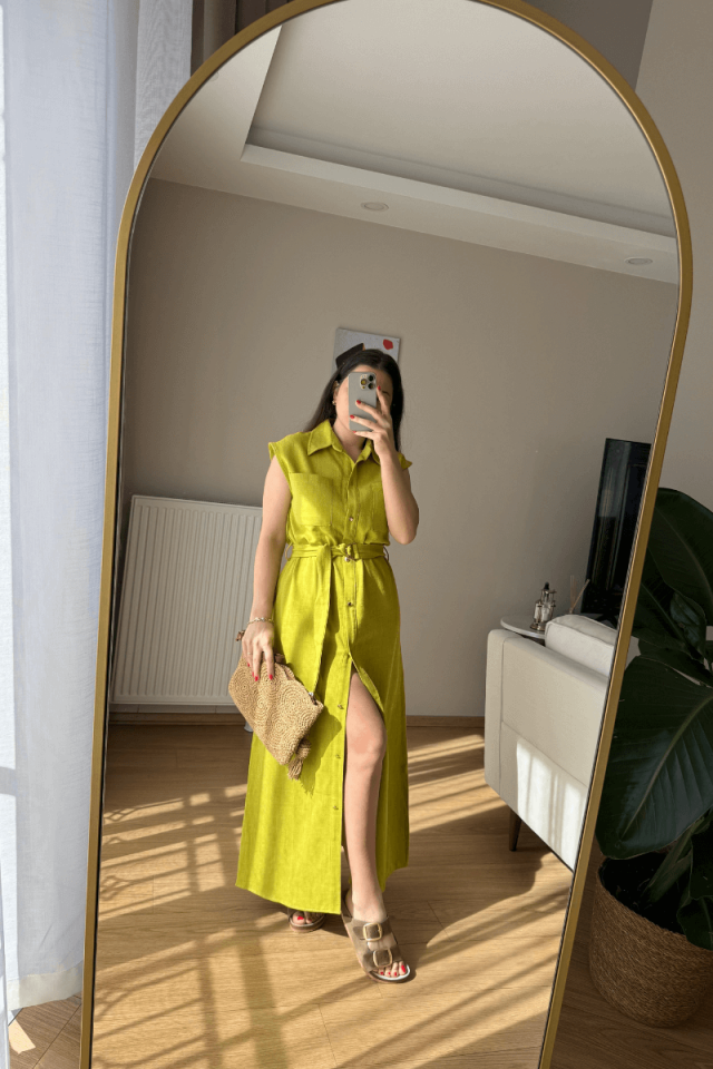 Yeşil Pamuklu Keten Elbise