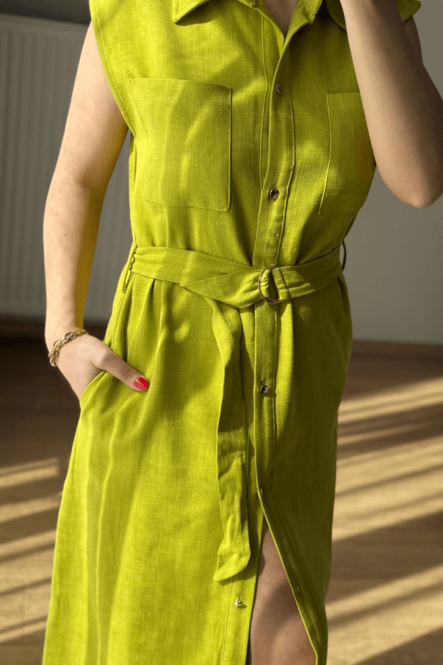 Yeşil Pamuklu Keten Elbise