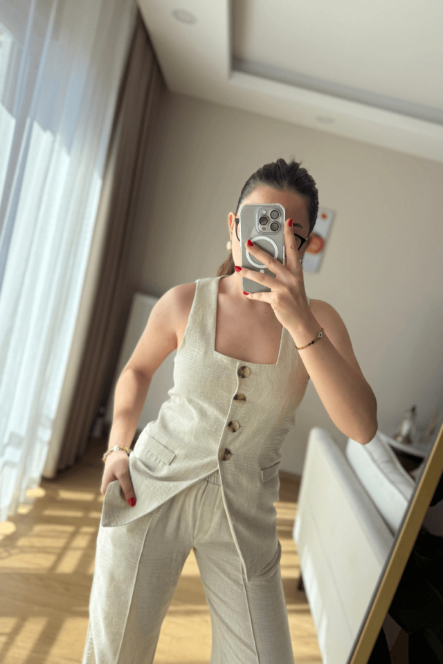 Taş Kare Yaka Yelek Pantolon Takım