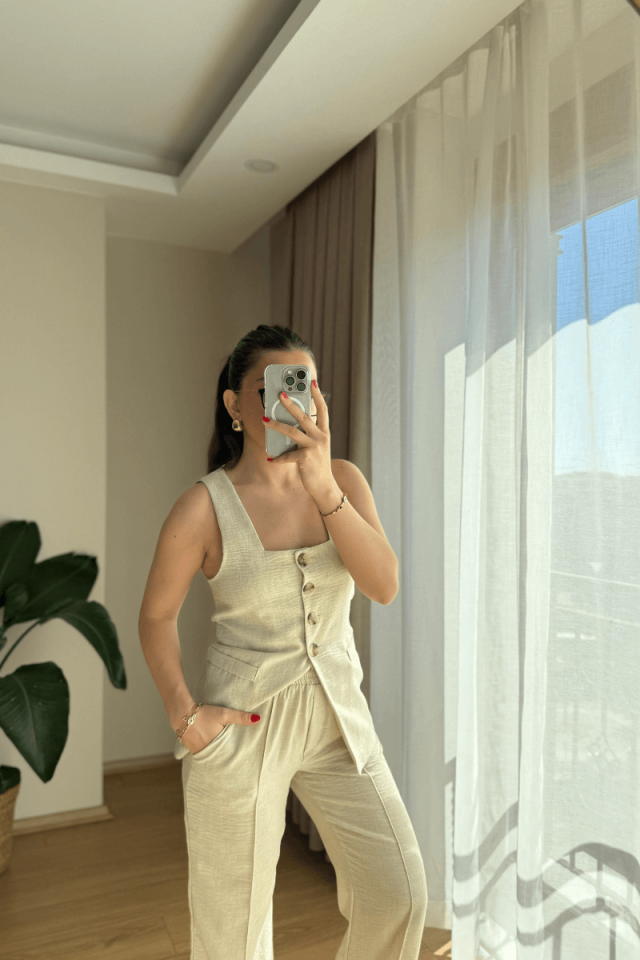 Taş Kare Yaka Yelek Pantolon Takım