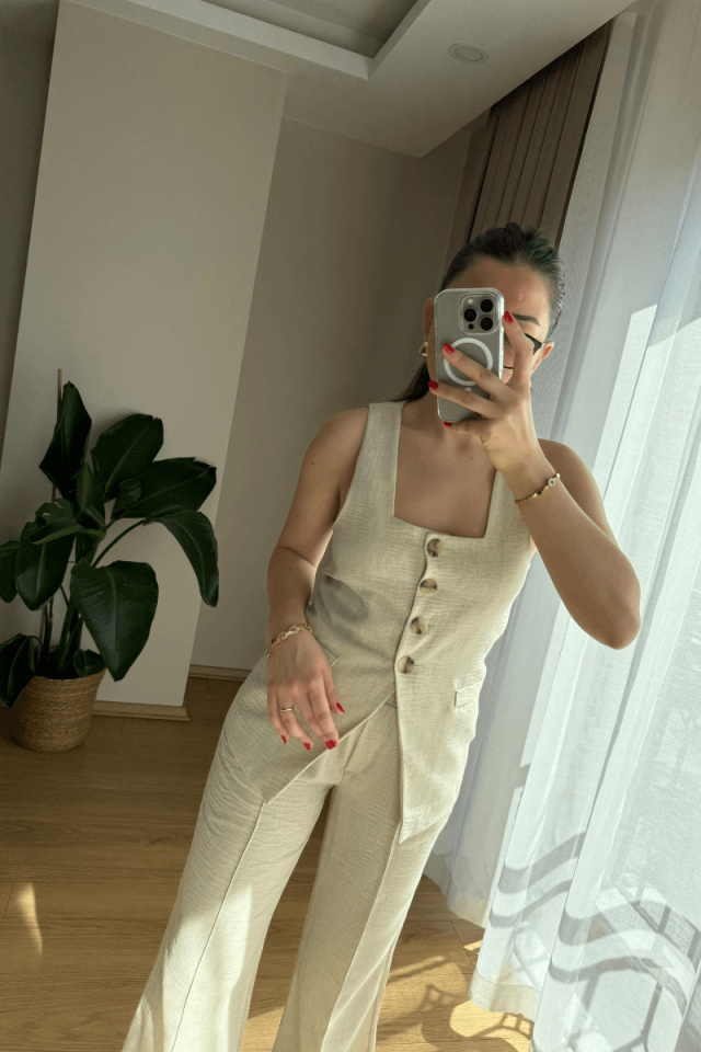 Taş Kare Yaka Yelek Pantolon Takım