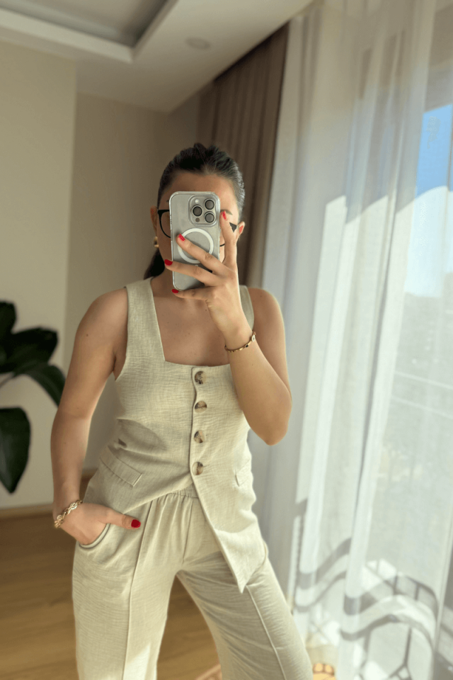 Taş Kare Yaka Yelek Pantolon Takım