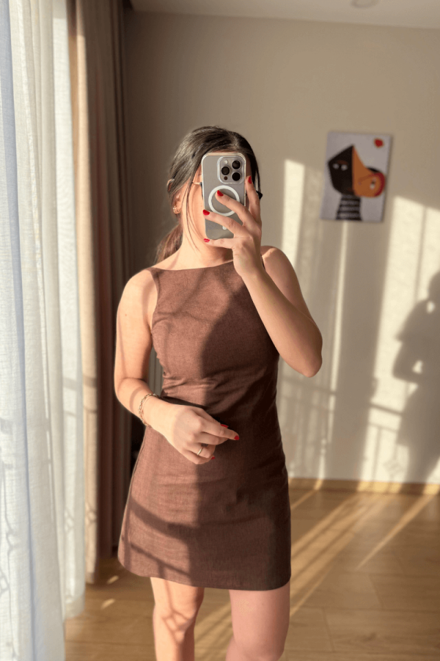 Kahverengi Keten Elbise
