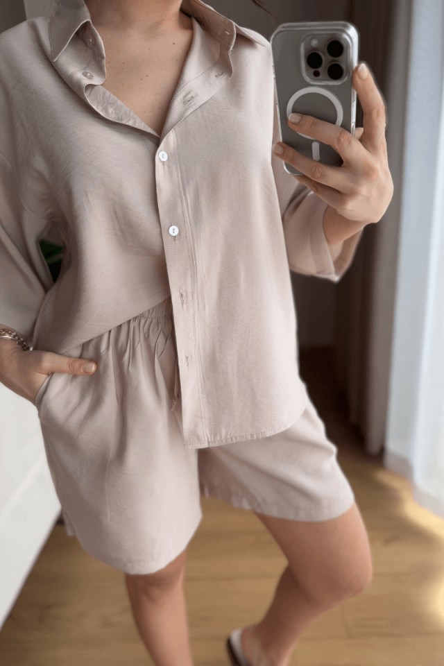 Açık Bej Şort Gömlek Takım