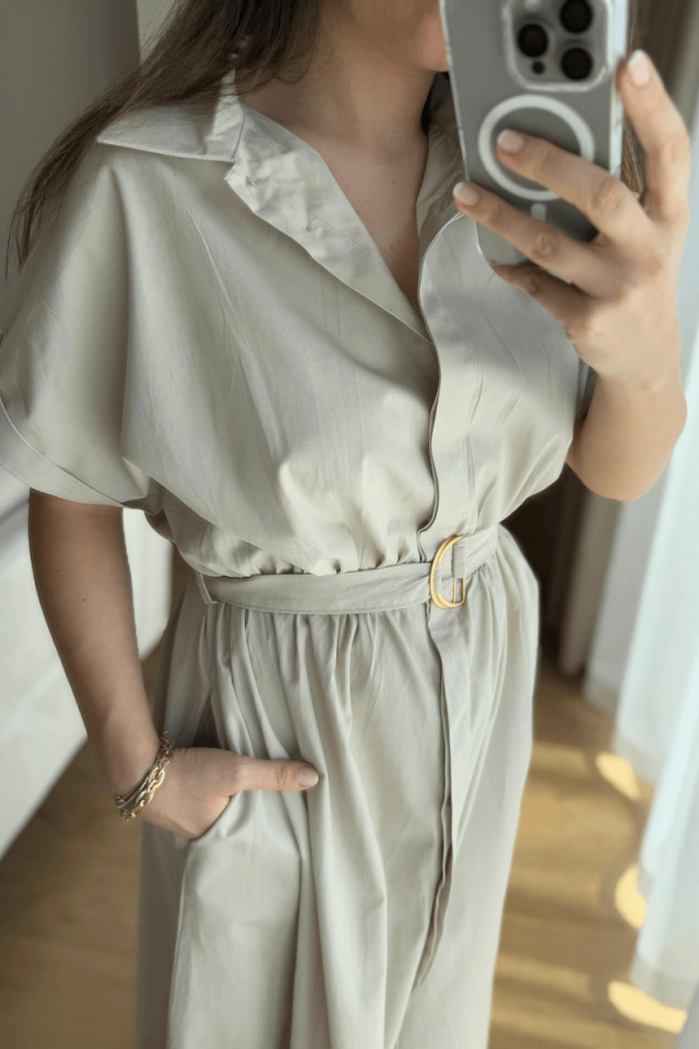 Taş Rengi %100 Pamuk Elbise