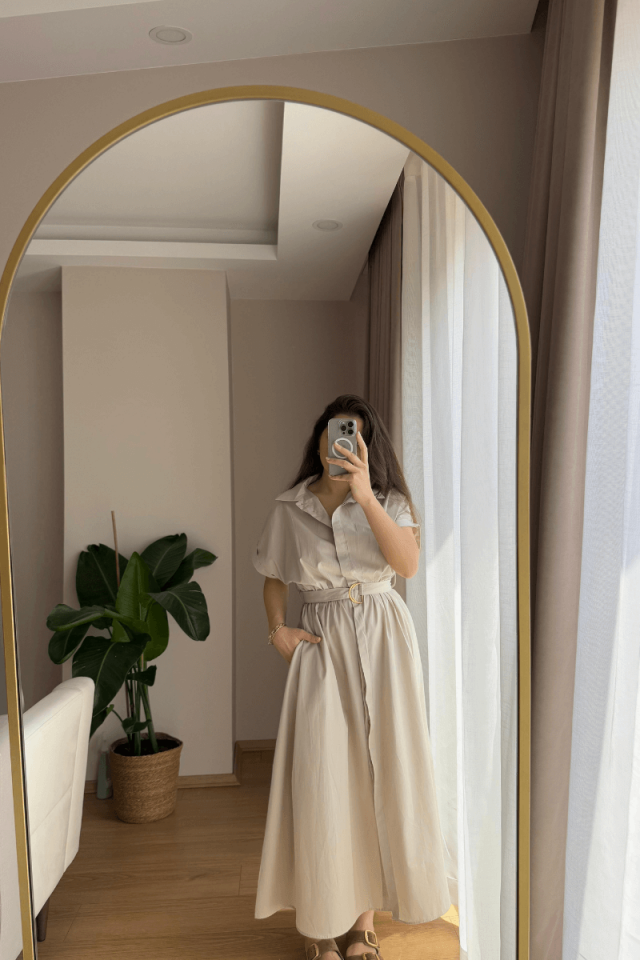 Taş Rengi %100 Pamuk Elbise