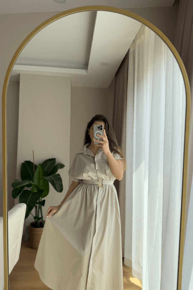 Taş Rengi %100 Pamuk Elbise