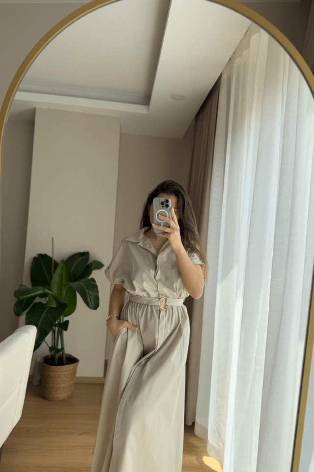 Taş Rengi %100 Pamuk Elbise