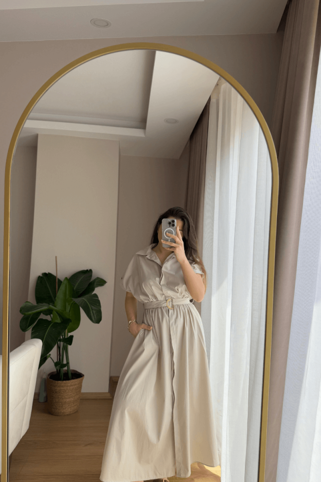 Taş Rengi %100 Pamuk Elbise