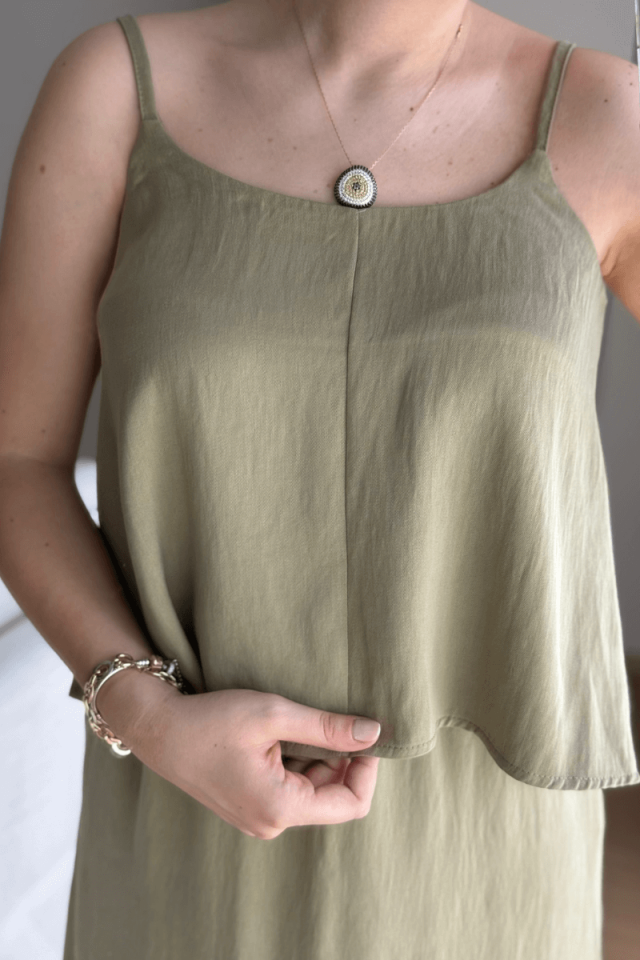 Haki Tensel Askılı Bluz Etek Takım