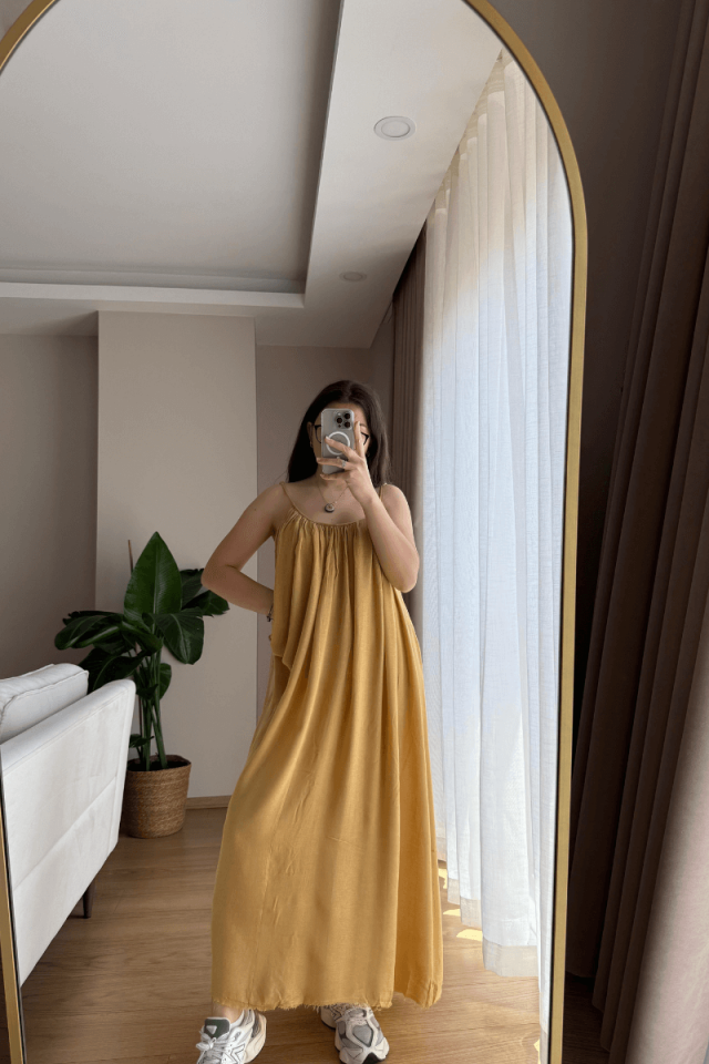 Hardal Premium Askılı Viskon Elbise