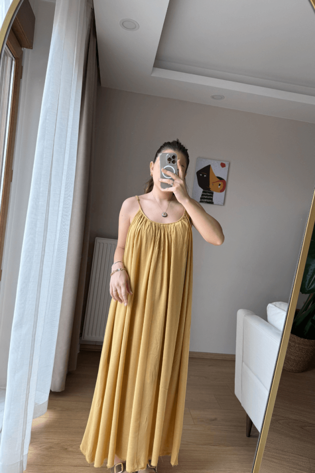 Hardal Premium Askılı Viskon Elbise