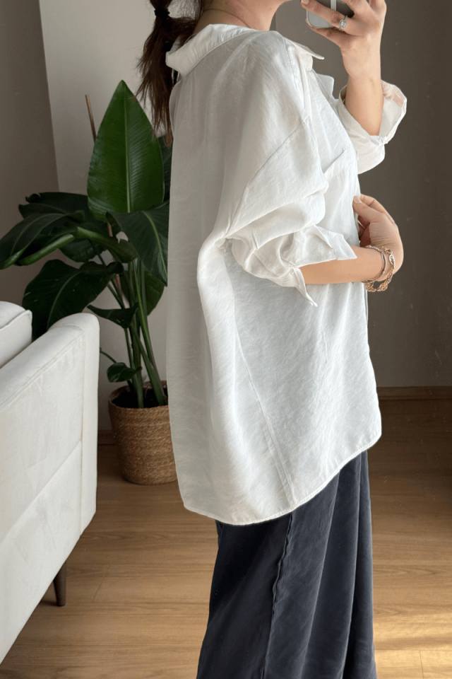 Beyaz Tensel Kumaş Düşük Omuzlu Oversize Gömlek