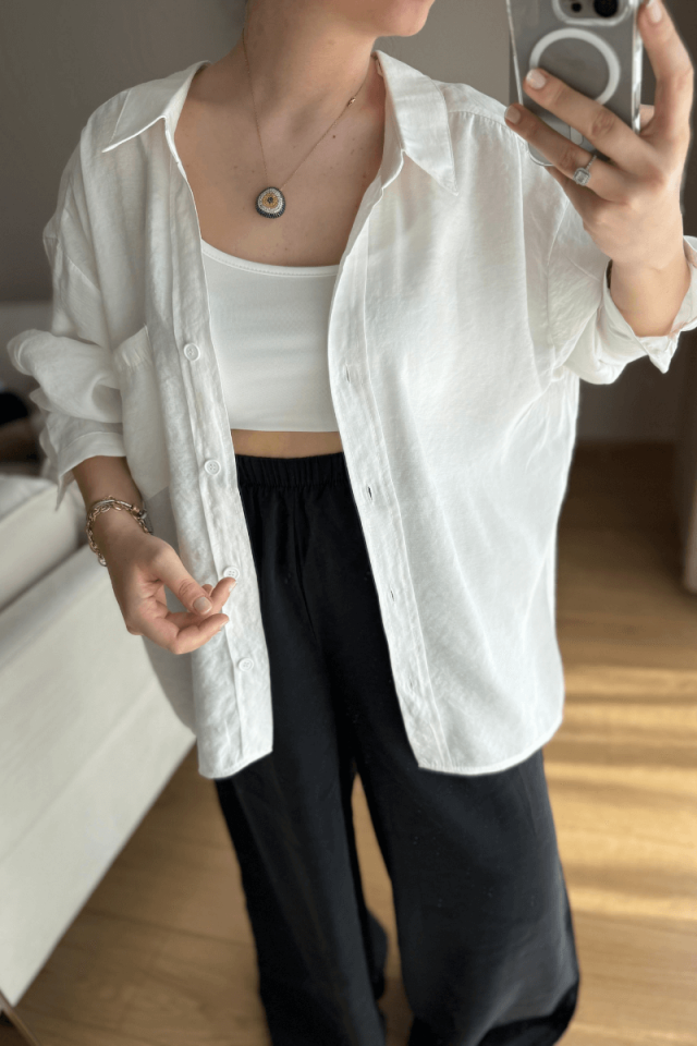 Beyaz Tensel Kumaş Düşük Omuzlu Oversize Gömlek