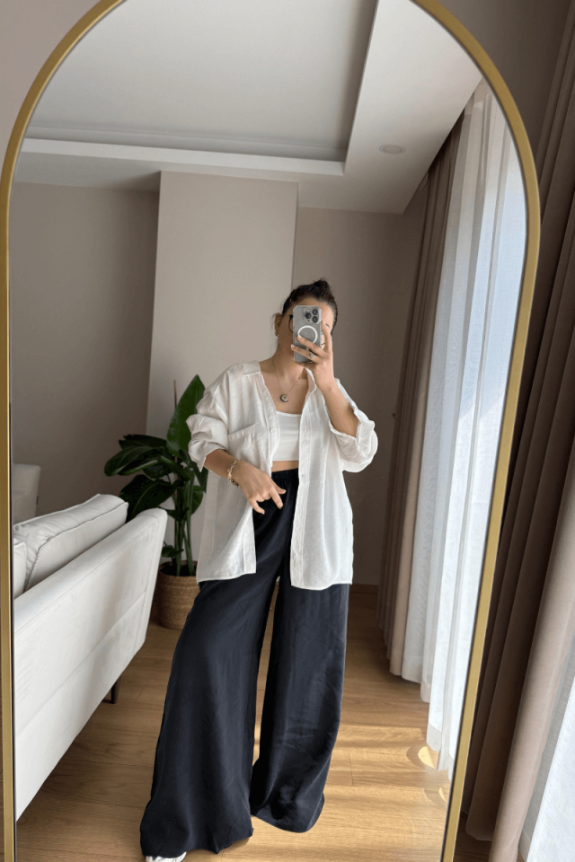 Beyaz Tensel Kumaş Düşük Omuzlu Oversize Gömlek