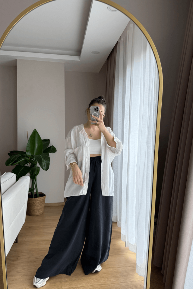 Beyaz Tensel Kumaş Düşük Omuzlu Oversize Gömlek