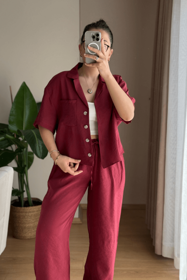 Bordo Kısa Kollu Tencel Gömlek