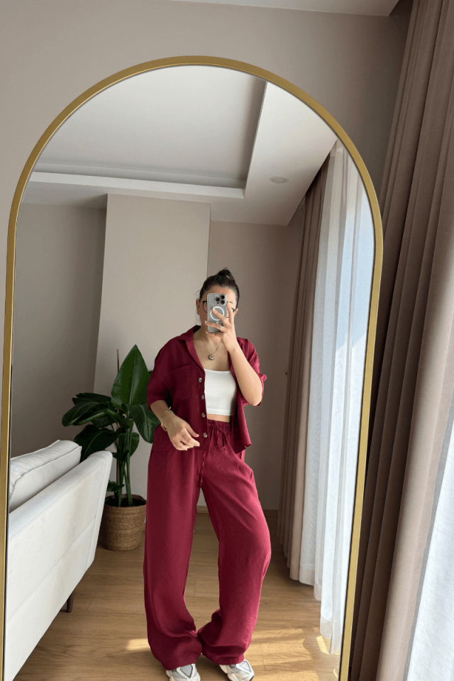 Bordo Gömlek Pantolon Modal Takım