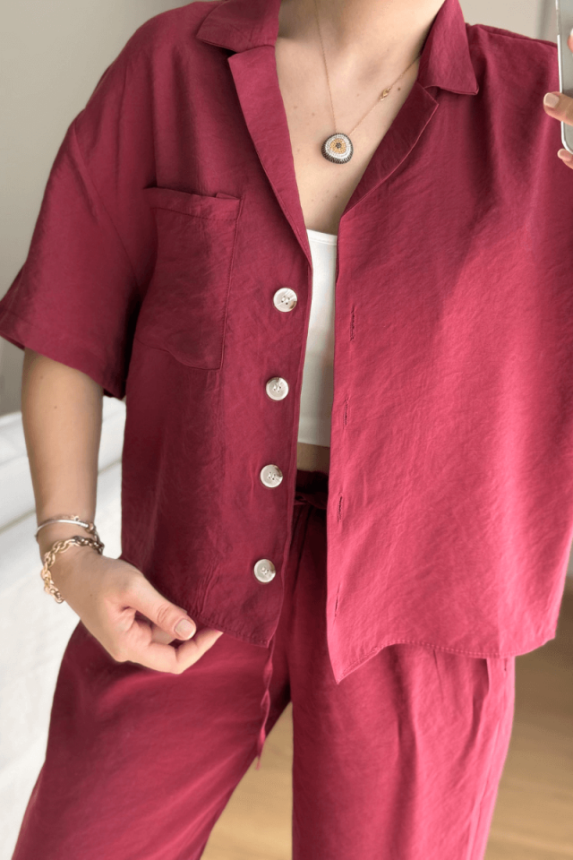 Bordo Kısa Kollu Tencel Gömlek