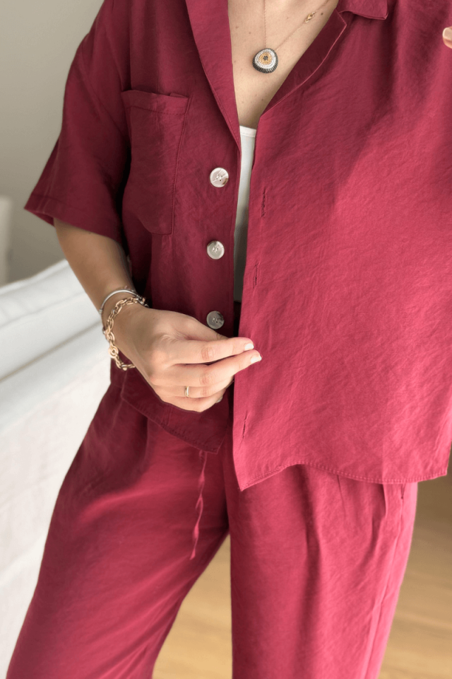 Bordo Kısa Kollu Tencel Gömlek