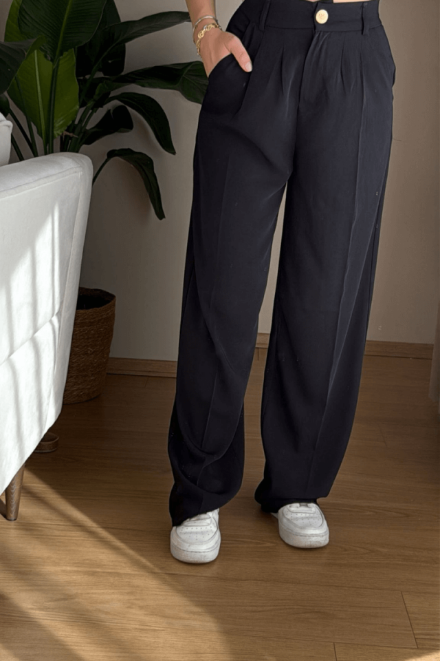 Siyah Beli Lastikli Palazzo Pantolon (Premium)