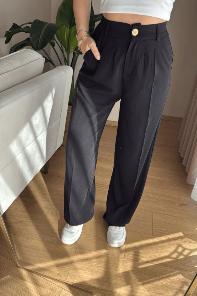 Siyah Beli Lastikli Palazzo Pantolon (Premium)