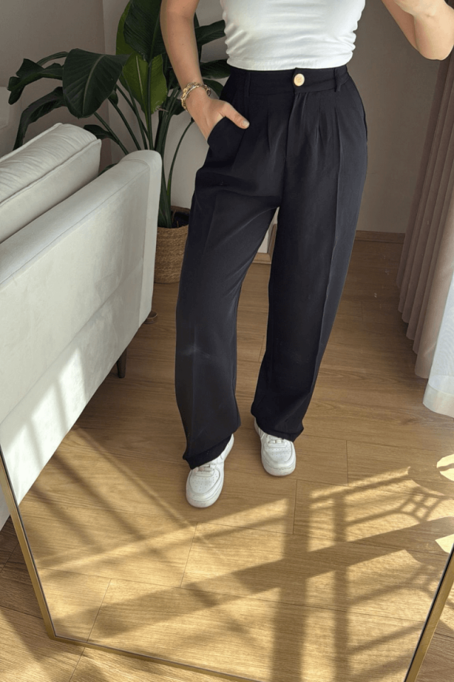 Siyah Beli Lastikli Palazzo Pantolon (Premium)