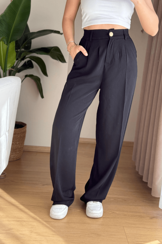 Siyah Beli Lastikli Palazzo Pantolon (Premium)