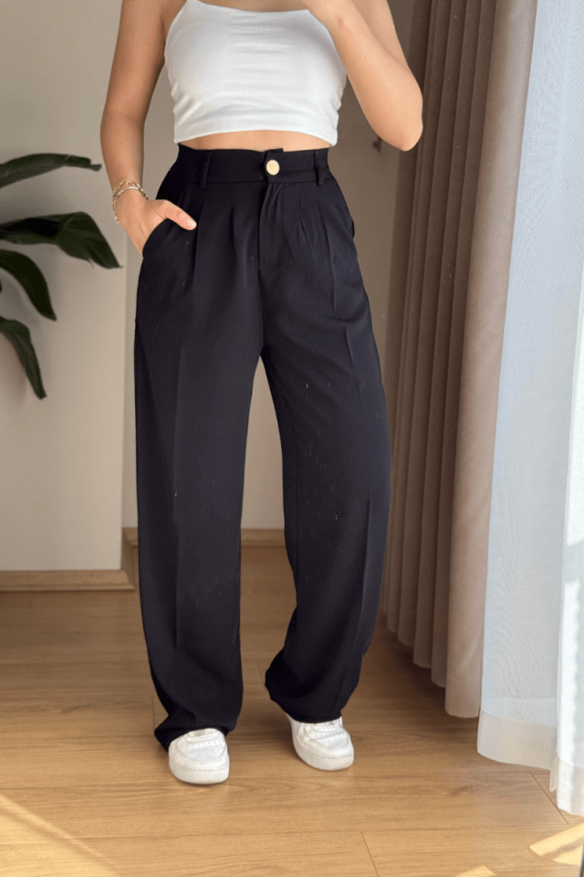 Siyah Beli Lastikli Palazzo Pantolon (Premium)