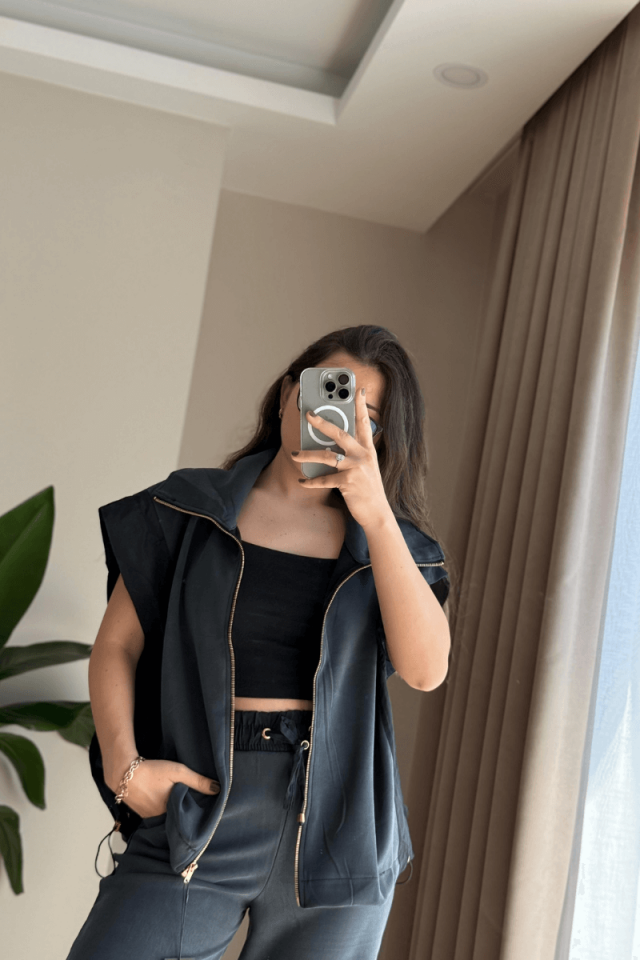 Antrasit Paraşüt Kumaş Detaylı Marka Model Yelek