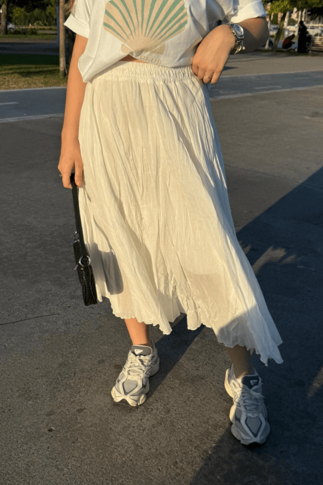 Ekru Lastikli Kraş Etek (Astarlı)