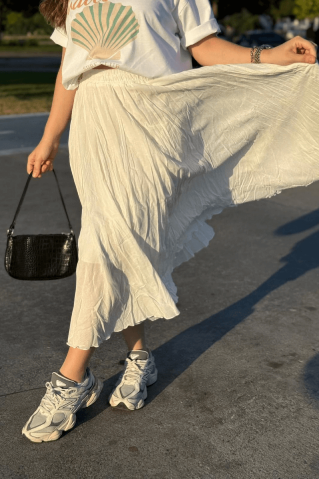 Ekru Lastikli Kraş Etek (Astarlı)