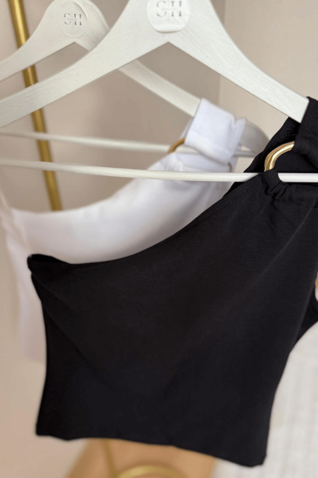 Siyah Tek Omuzlu Gold Detaylı Bluz