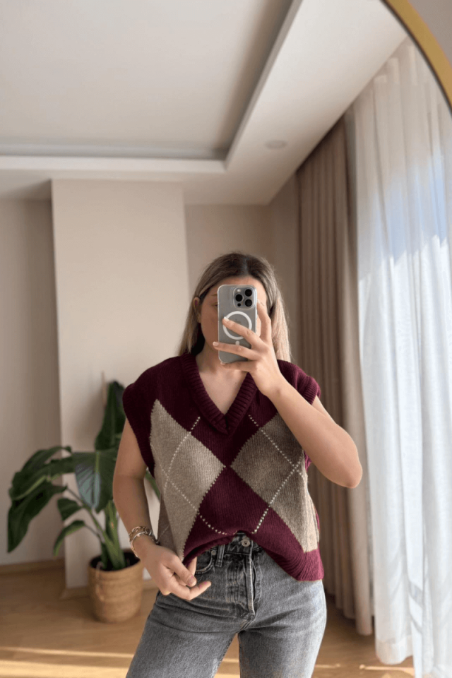 Bordo Baklava Desen Süveter