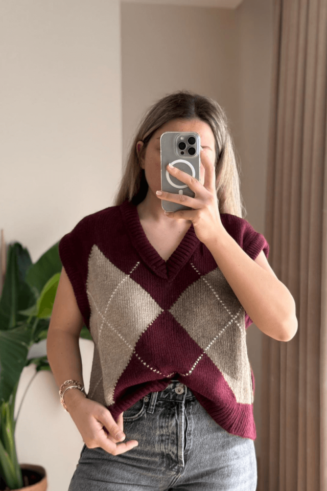 Bordo Baklava Desen Süveter