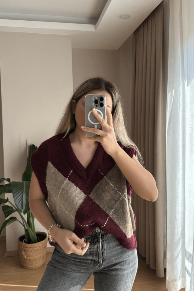 Bordo Baklava Desen Süveter