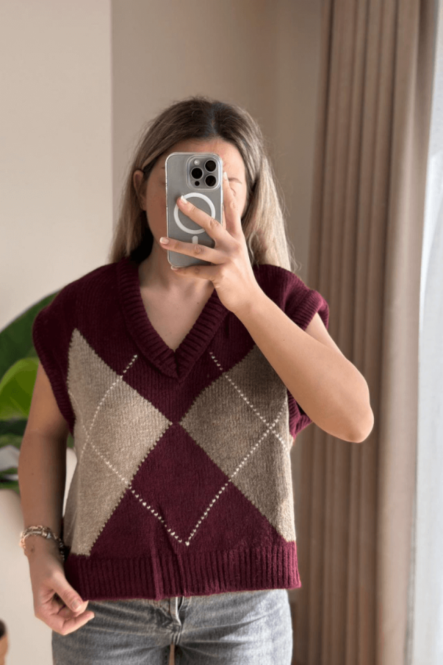 Bordo Baklava Desen Süveter