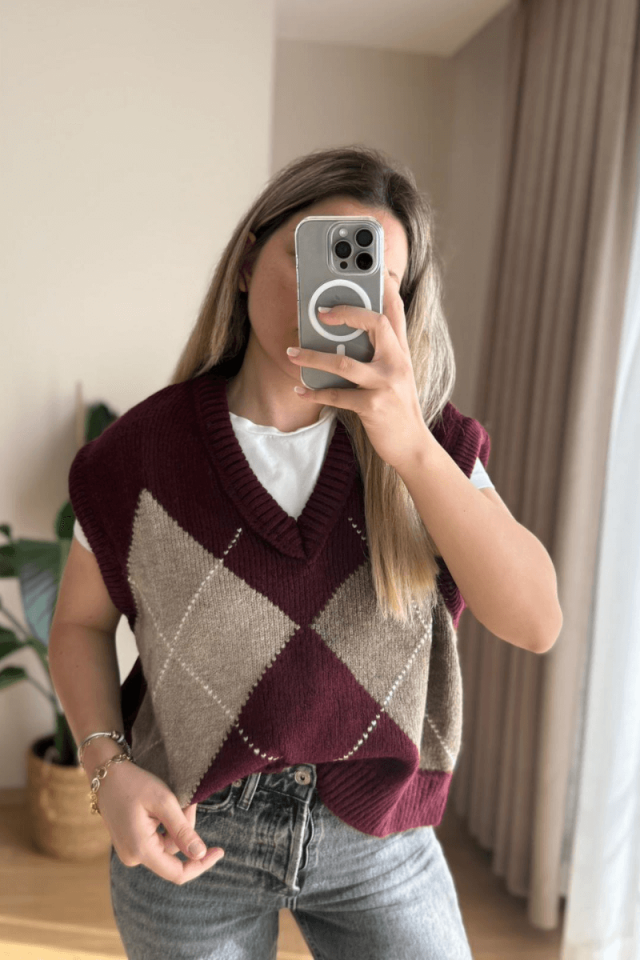 Bordo Baklava Desen Süveter