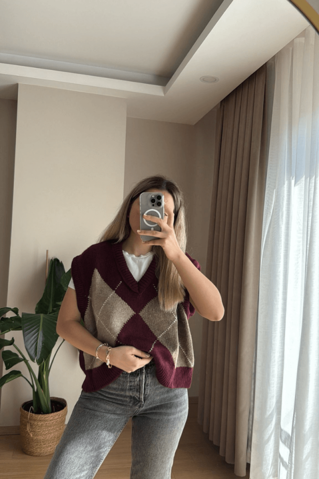 Bordo Baklava Desen Süveter