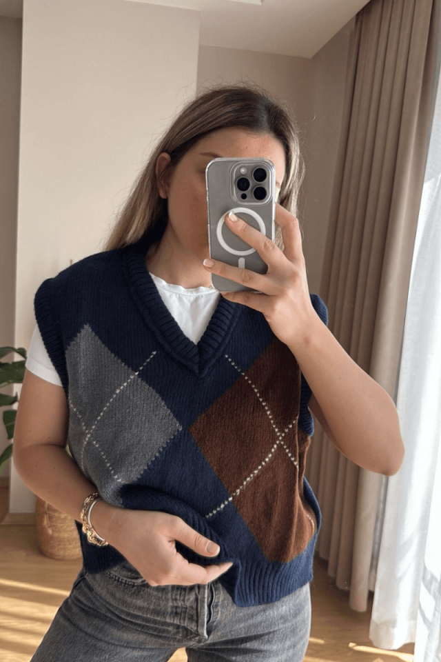 Lacivert Baklava Desen Süveter