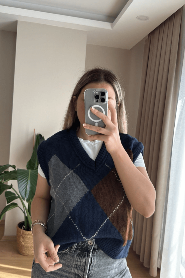 Lacivert Baklava Desen Süveter