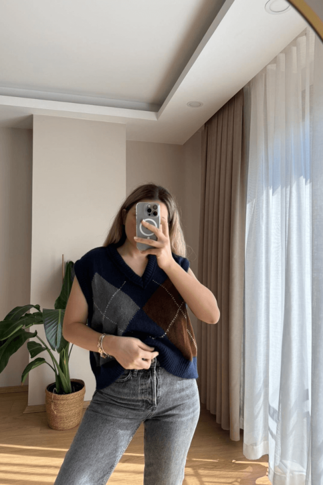 Lacivert Baklava Desen Süveter