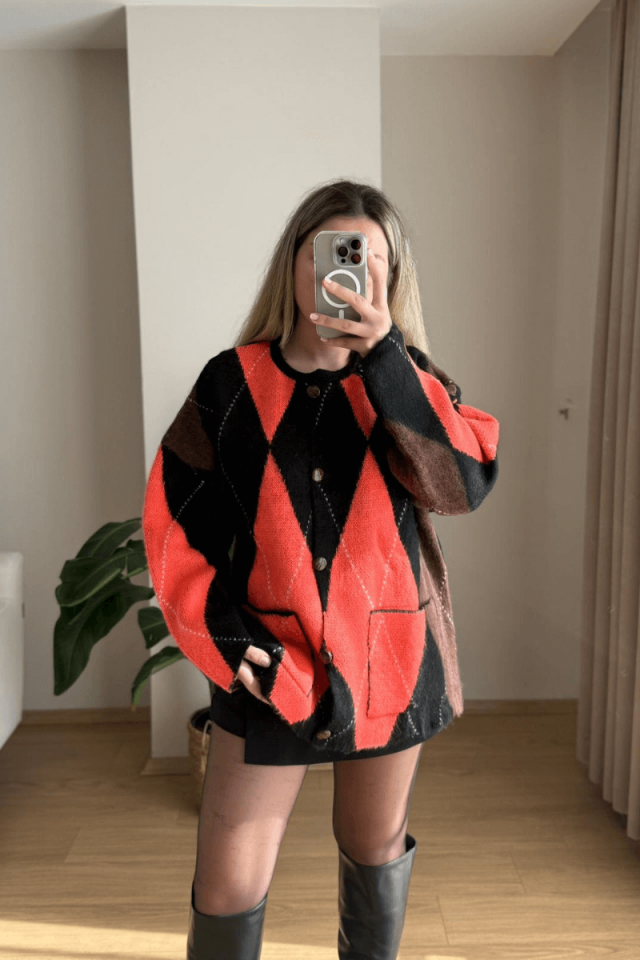 Baklava Desen Cepli Hırka - Siyah/Turuncu